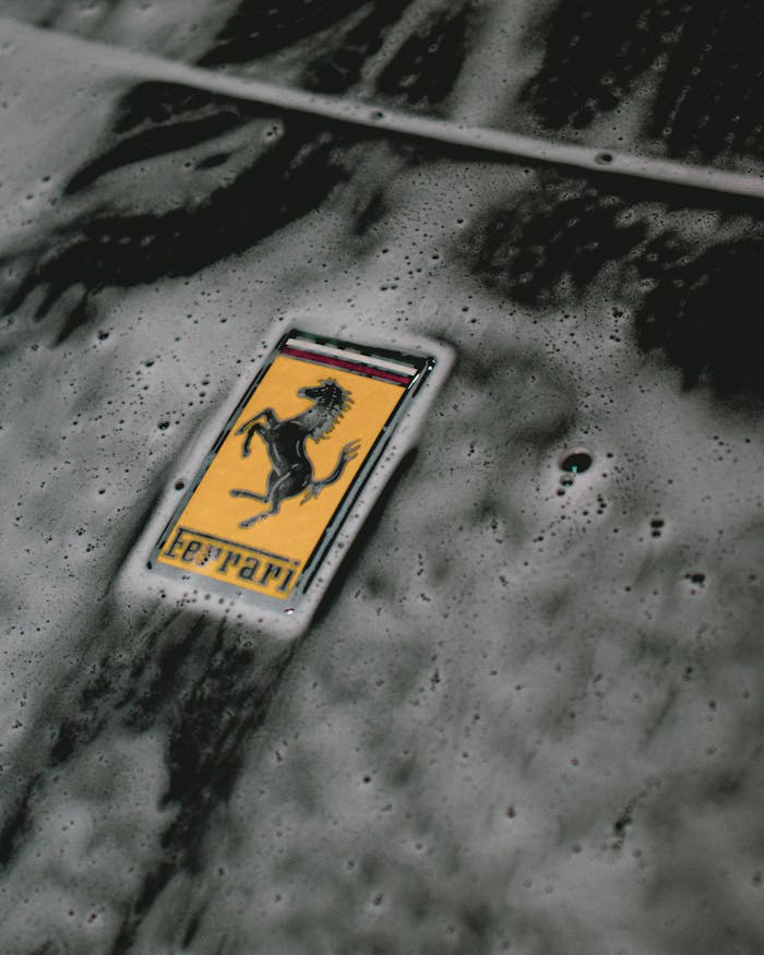 Detailed shot of a Ferrari emblem amidst soap suds during a car wash session.